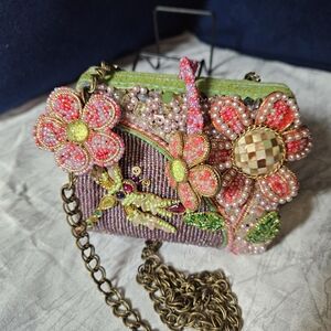 Mary Frances Pink and Green Floral Beaded Mini Bag